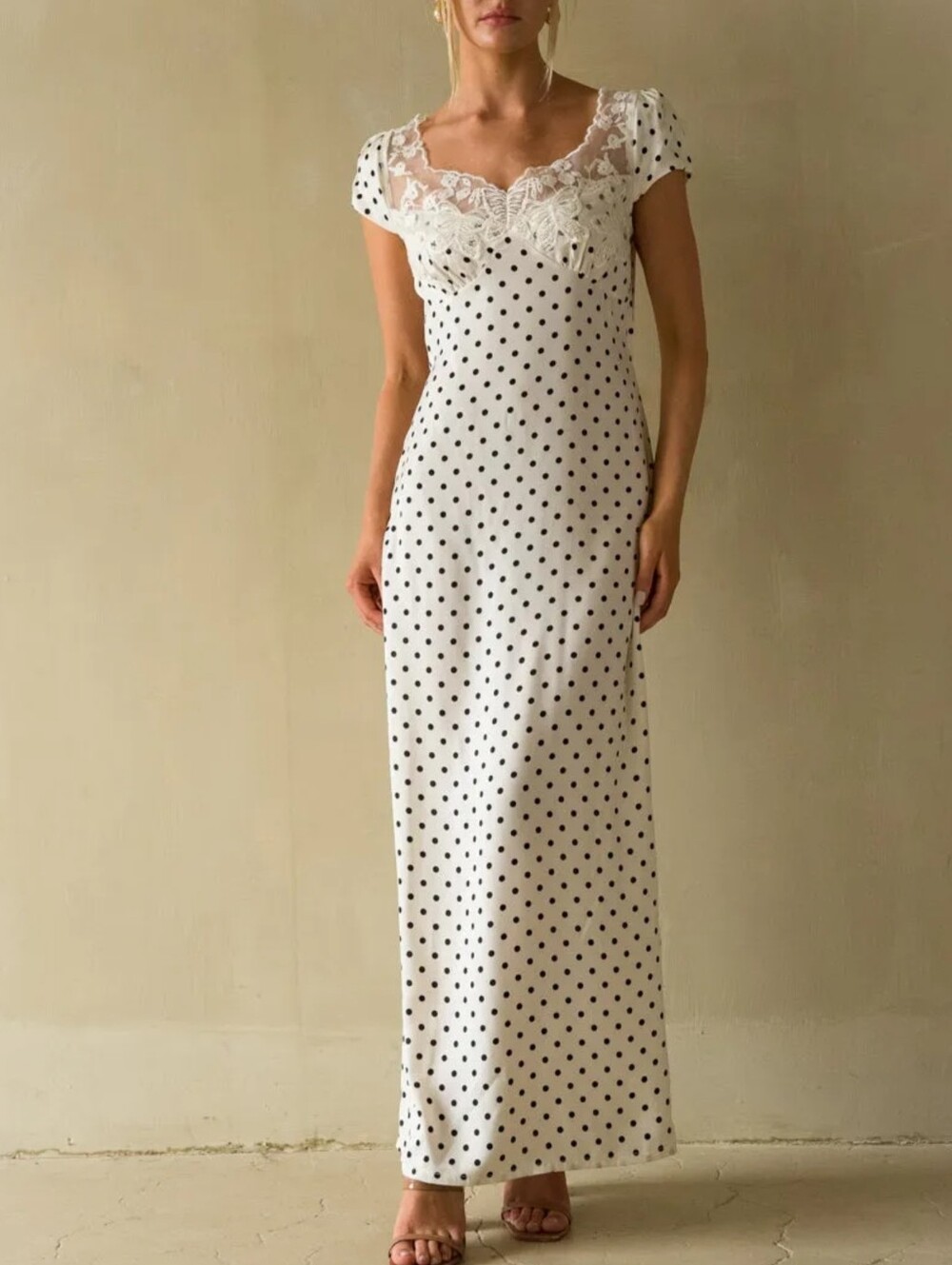 White Polka Dot Maxi Dress with Lace Trim